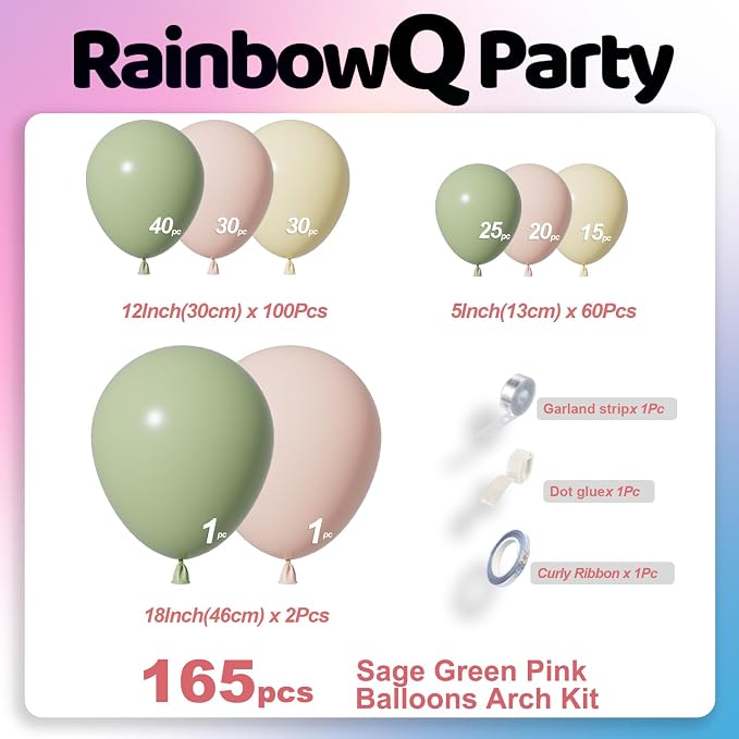 RainbowQ 165 Pcs Sage Green Balloons Arch Kit Different Sizes Garland | Pink - Image 3