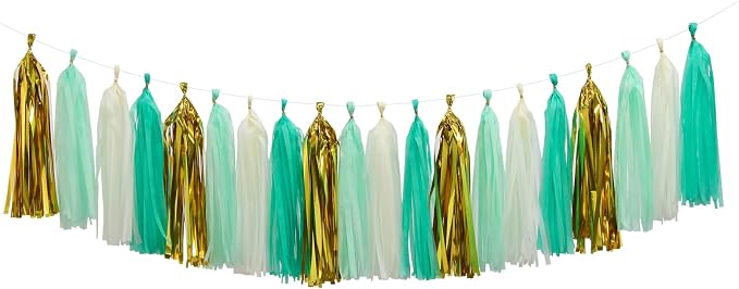 Teal-Blue Mint Beige-Gold Party-Decorations Tassel-Garland -20pcs Rustic by Panduola