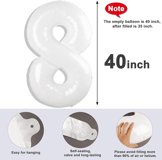 8 Balloon Numbers Birthday Decorations, 40In White Balloons - Image 5