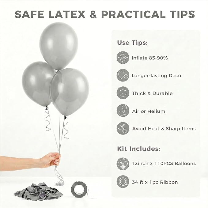 LOVESTOWN 110 PCS Silver Balloons, 12 Inch Bright Silver Latex Balloons | - Image 7