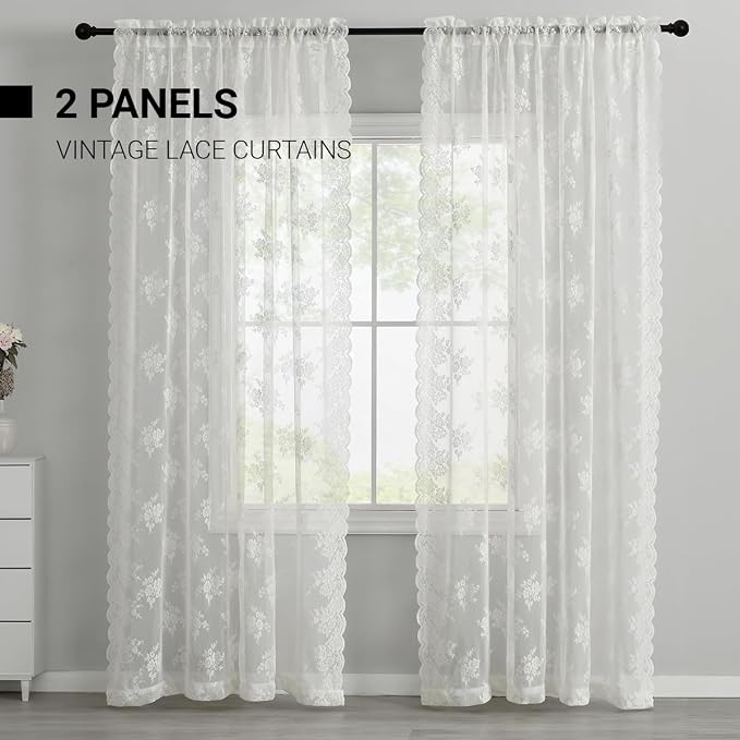 Kotile Ivory Lace Curtains for Kitchen Windows W52 x L45 Inch, 2 Panels | Rod - Image 8