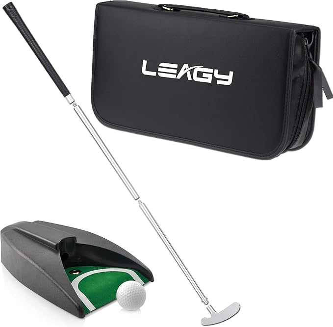LEAGY Portable Golf Putter Travel Practice Putting Set with Case Indoor Outdoor Yard, Indoor Golf Games Set, Ball Return System Zink Alloy Putter Best Gift Executive Office Putter Set