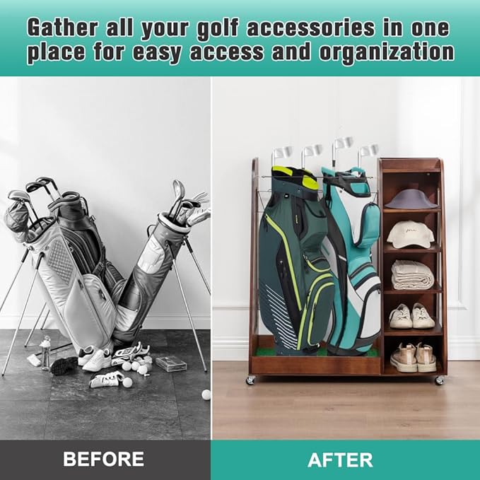 Wooden Golf Bag Organizer for Garage, Holds 2 Full-Size Bags with Shoe & Accessory Storage, Black Finish Wood Golf Equipment Rack for Home, Shed, or Basement