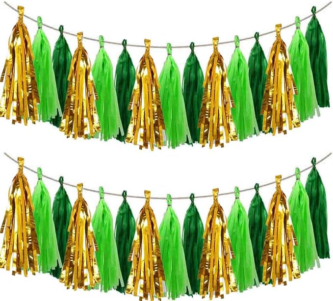 AIM & GGKK Green and Gold Tassel Garland Banner Tissue Paper Tassels by AIMGGKK