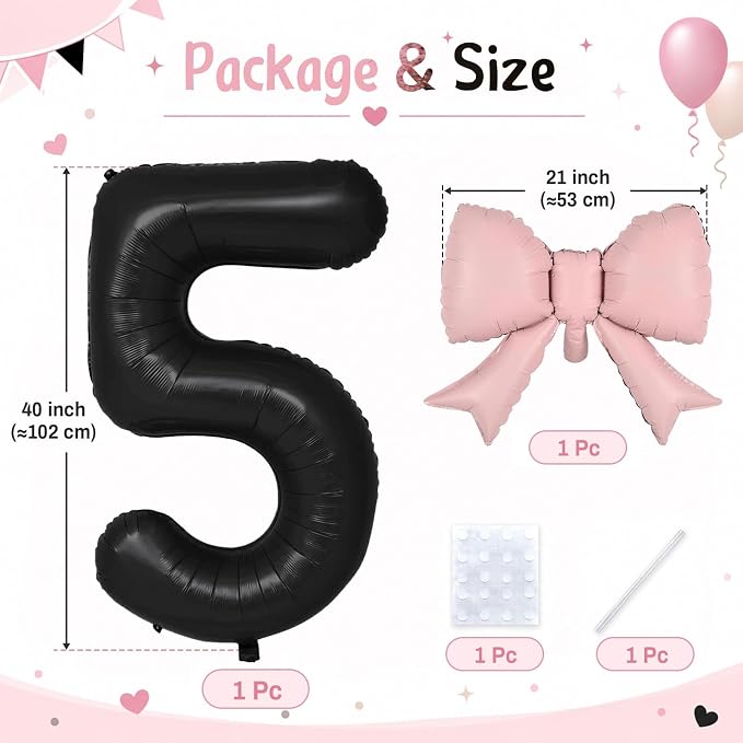 40 Inch Black Number 5 with Pink Bow Balloon, Giant Self Inflating Black Foil - Image 2