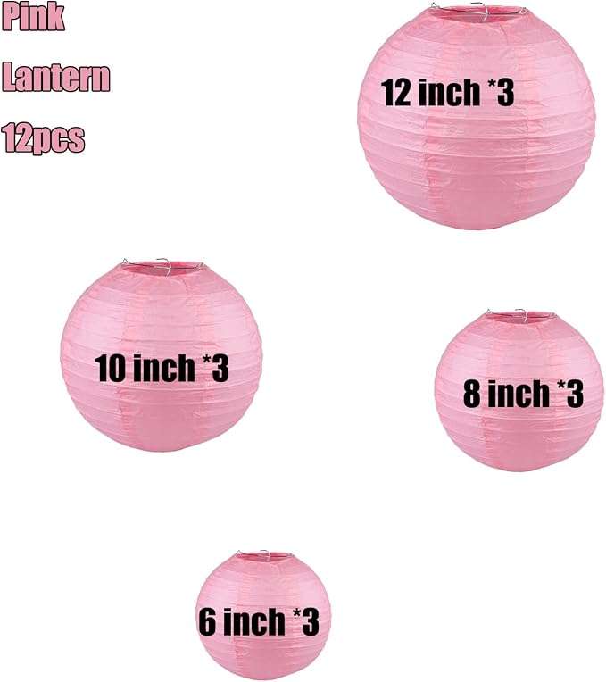 12Pcs 6, 12 Inch Mixed Sizes Pink Paper Lanterns Decorative Chinese, Japanese - Image 2