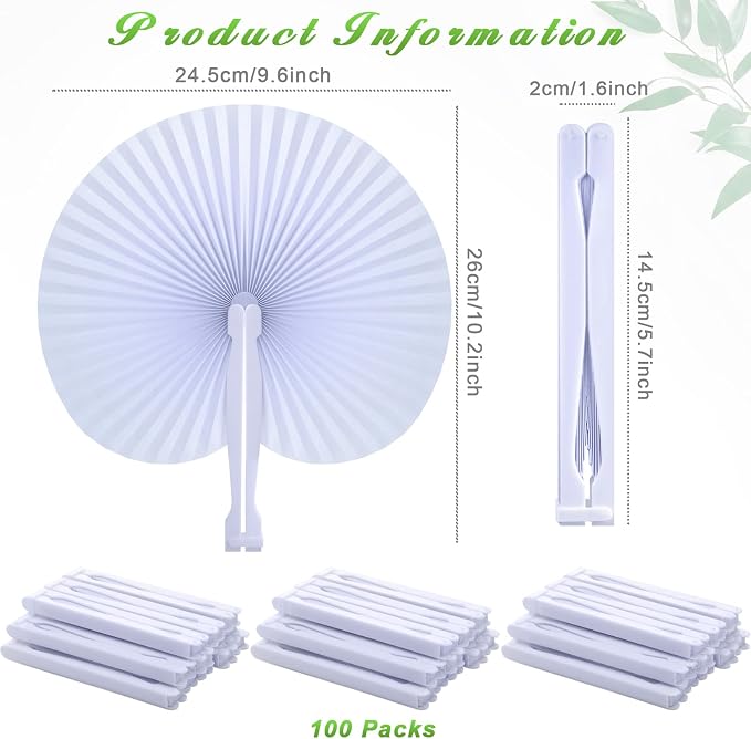 Yulejo 100 Packs White Wedding Fan Round Folding Paper Fans - Image 2