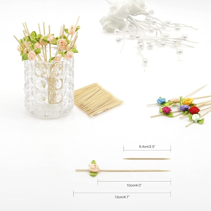 Minisland Pink Rose Flower Cocktail Picks, 4.7 Inch Long Bamboo Fancy Toothpicks - Image 2