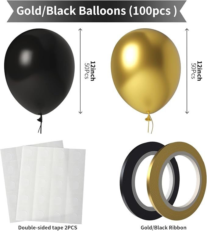 Black and Gold Balloons 100 Pack 12 Inch Metallic Black Gold Extra Thick Latex - Image 2