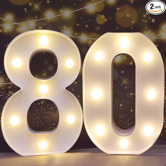 Pooqla Decorative LED Light Up Number Letters, White Plastic Marquee Number Lights Sign for 80th Birthday Party Wedding Decor, Battery Operated (80)