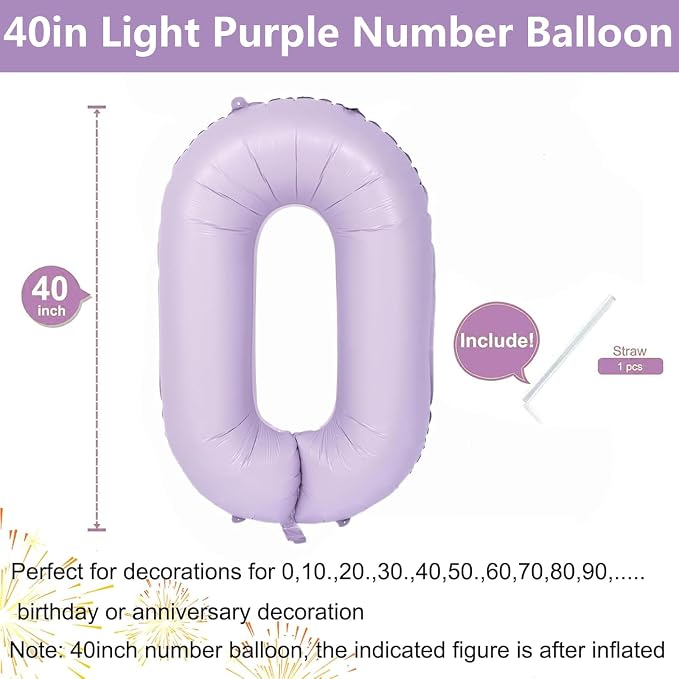 40 Inch Purple Number Balloons Light Purple 0 Balloon Matte Purple Birthday - Image 2