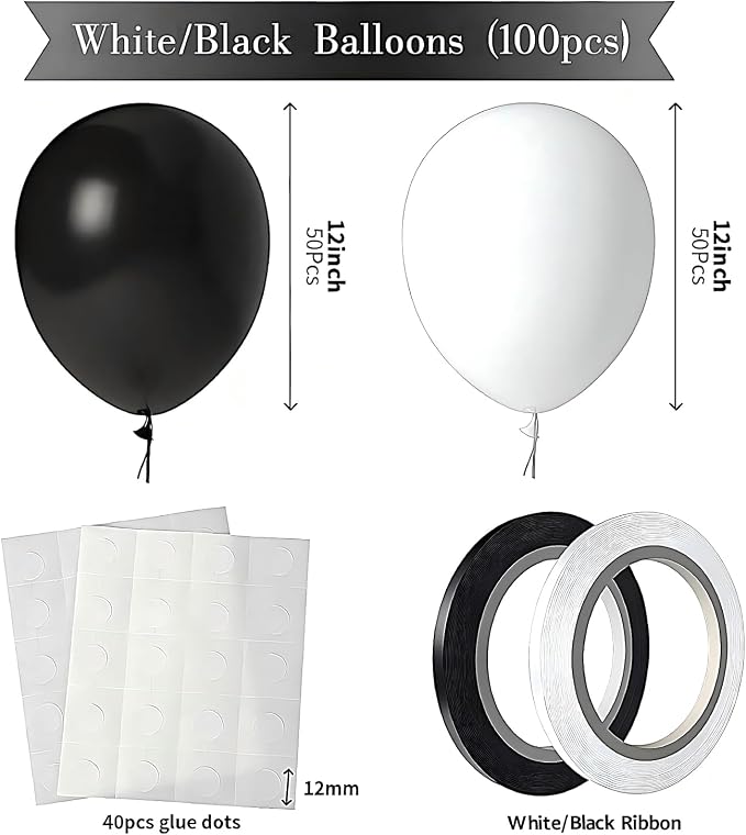 Black and White Balloons 100 Pack 12 Inch White Black Extra Thick Latex Party - Image 2