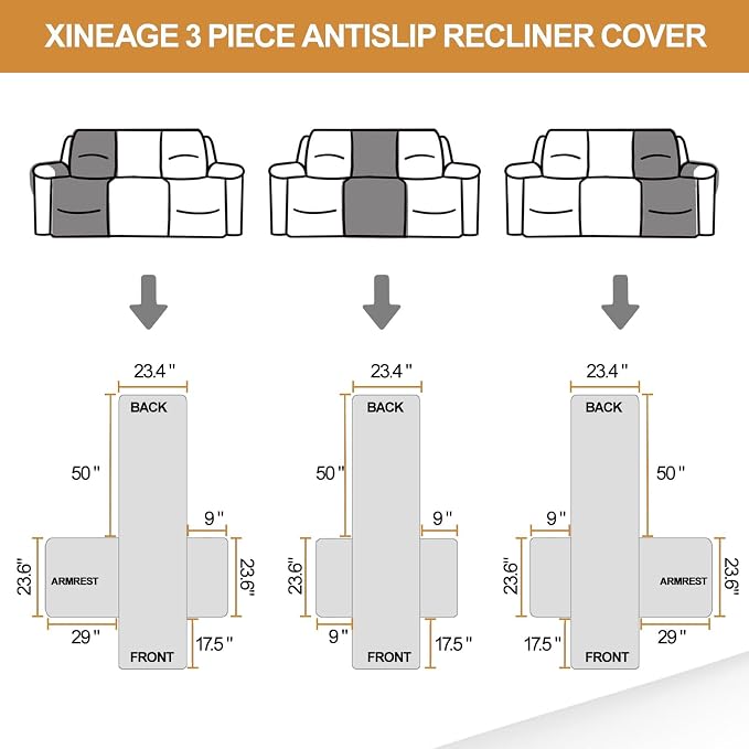 XINEAGE Water Resistant Recliner Cover, 3 seat Recliner Sofa Covers - Image 3