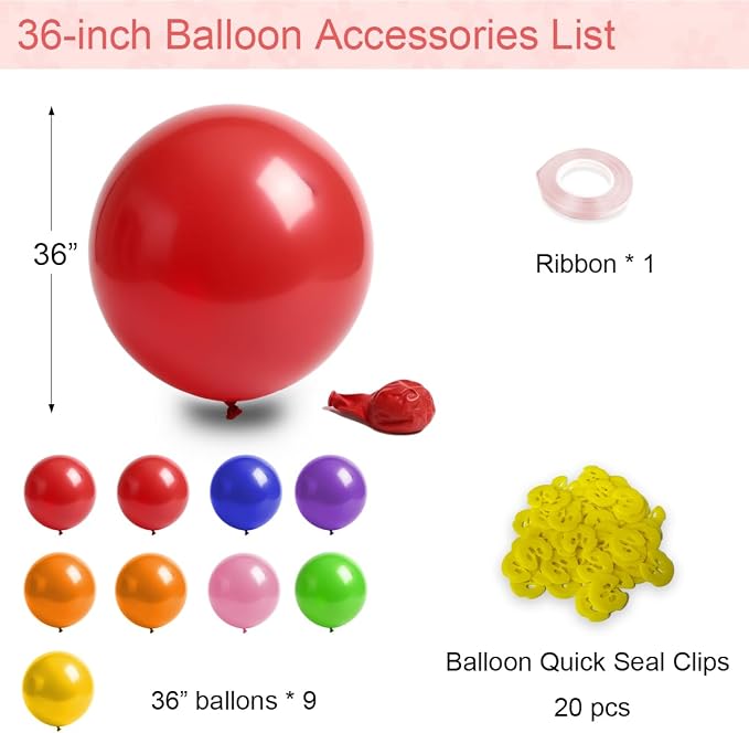 36 Inch Giant Latex Balloons Set 9 Pcs Multi-Color Big Balloons - Image 2