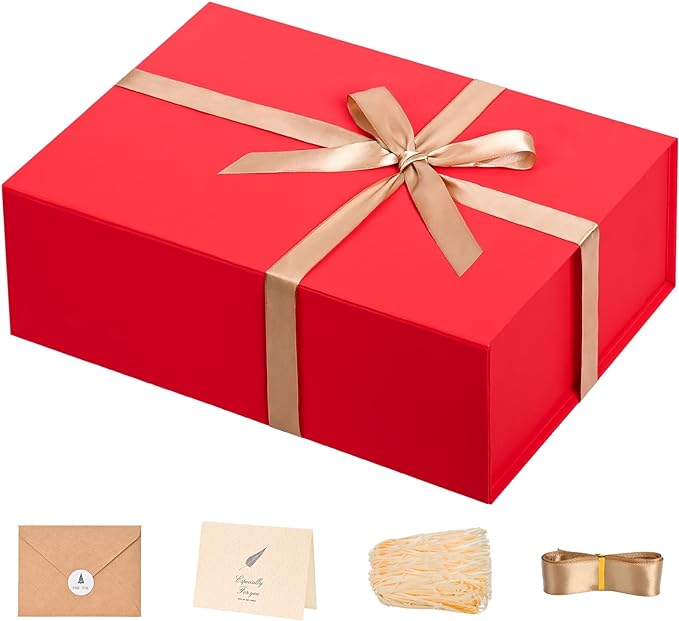 LIFELUM Red Gift Box 13.85 x 8.35 x 4.45 inch Large Gift Boxes with Magnetic Closure Luxury for Gifts Box Contains Card, Ribbon, Shredded Paper Filler Wedding, Christmas, Halloween, Birthday