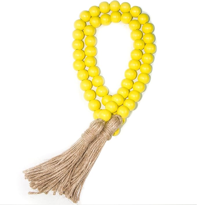 Yellow Wood Bead Garland, 39 Inch Long Boho Tassel Garland by TACOLO