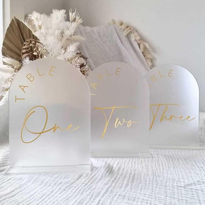 JINMURY Frosted Arch Wedding Table Numbers 1-20 with Stands, 5x7 Inch Acrylic Arch Sign with Golden Lettering, Frosted Acrylic Table Numbers for Wedding Reception
