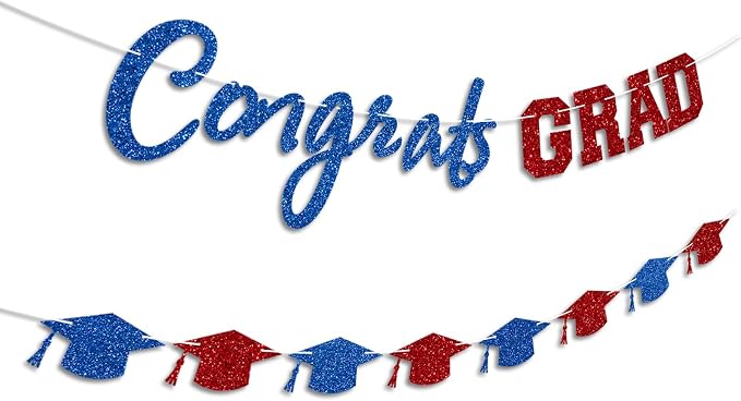 Prestrung Congrats Grad Banner Red and Blue Graduation Banner - Image 2