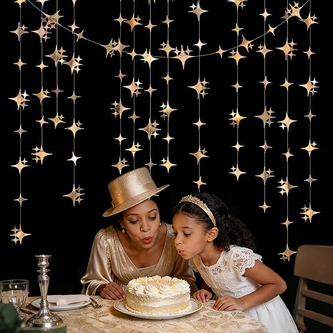 Glitter Champagne Four-Angle Star Paper Garland Banner Décor 40 Feet Twinkle - Image 5