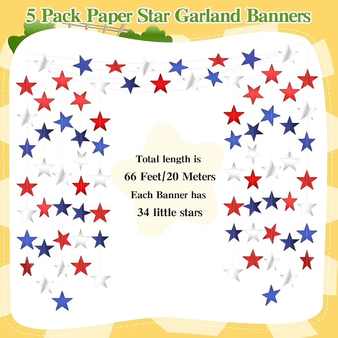 Red White and Blue Star Garland Banner, 66 Feet Patriotic Star Hanging Streamer - Image 3