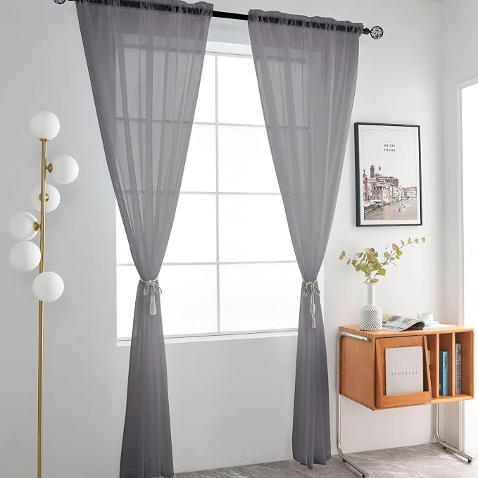 SpaceDresser Grey Sheer Curtains 4 Panels Rod Pocket Semi-Sheer Curtain 45 - Image 3