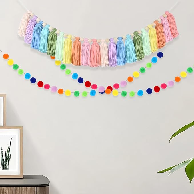 Boho Tassel Garland, Pom Pom Garland, Colorful Handmade Yarn Bunting Banner - Image 4