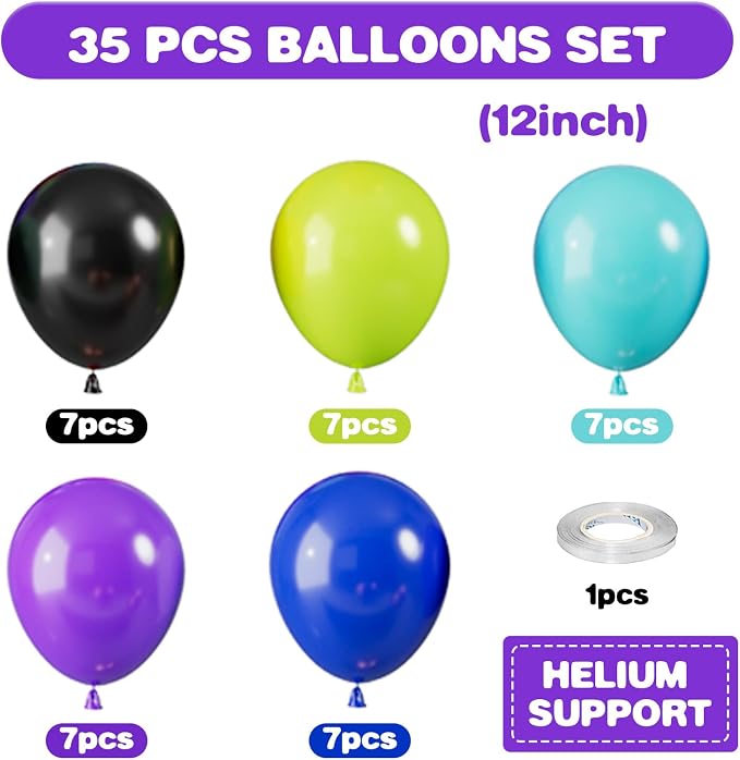 Green Purple Blue Balloons, 12 Inch Purple Green Teal Black Latex Balloons - Image 2