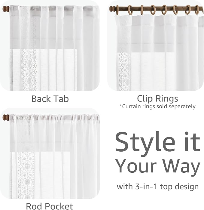 jinchan Floral Sheer Linen Curtains, Back Tab 50x63 Inch, 2 Panels White | Semi - Image 6