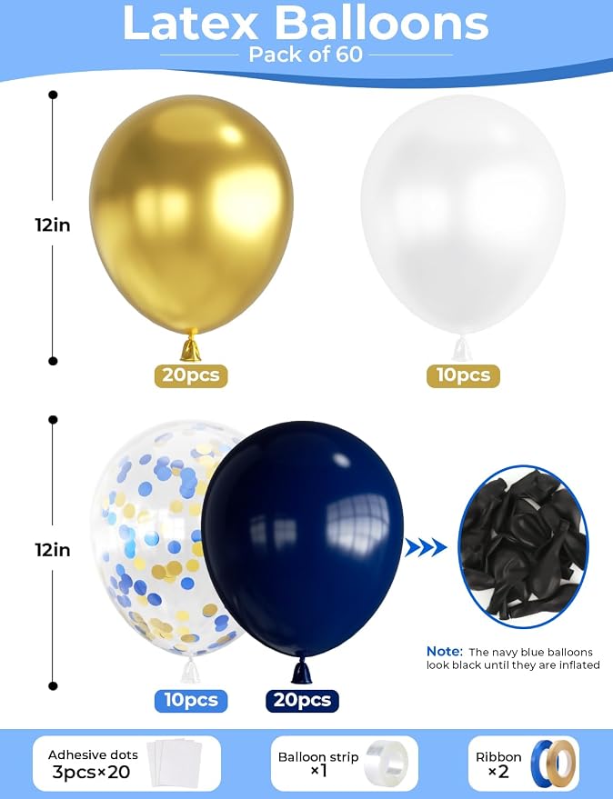 Navy Blue and Gold Balloons, Party Decor | Dark Blue Metallic Gold White - Image 3