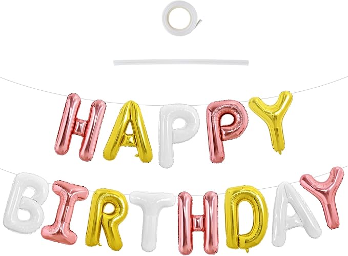 TONIFUL Gold Rose Gold White Happy Birthday Balloon Banner Decorations | 16 by TONIFUL