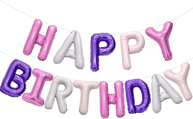 Purple Pink Happy Birthday Balloon Banner, 16 Inch Foil Mylar Happy Birthday by PatiCool