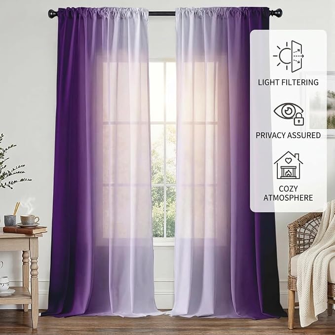Purple Curtains 84 Inch Length for Living Room 2 Panel Set Purple and Grey - Image 9
