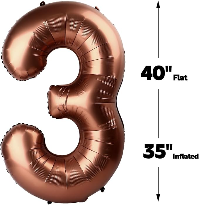 Dark Brown Number 3 Balloon 40 inch, 3rd Birthday Party Balloons Decorations | - Image 3