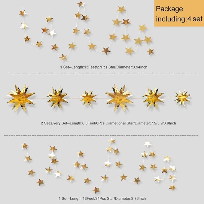 pinkblume Gold Party Decorations Star Garlands Streamer Gold 3D Stars Metallic - Image 2