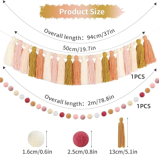 Yellow Pink Tassel Garland, Pom Pom Garland, Kids Room, Baby Shower, Birthday - Image 2