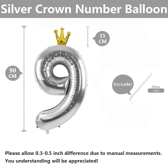 Silver Number 9 Balloon with Crown, 40 inch Silver Number Balloon 9th Birthday - Image 2