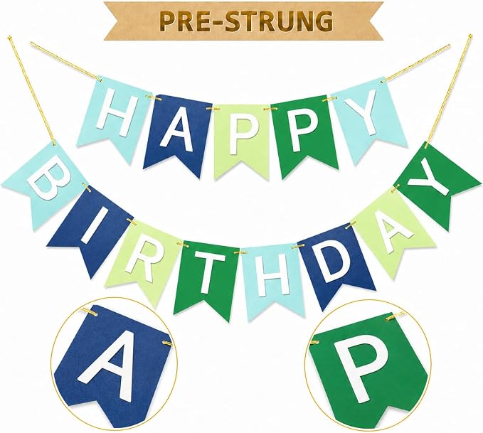 Letjolt Happy Birthday Banner Blue Green Handmade Garland 13pcs | Pre-Strung - Image 2