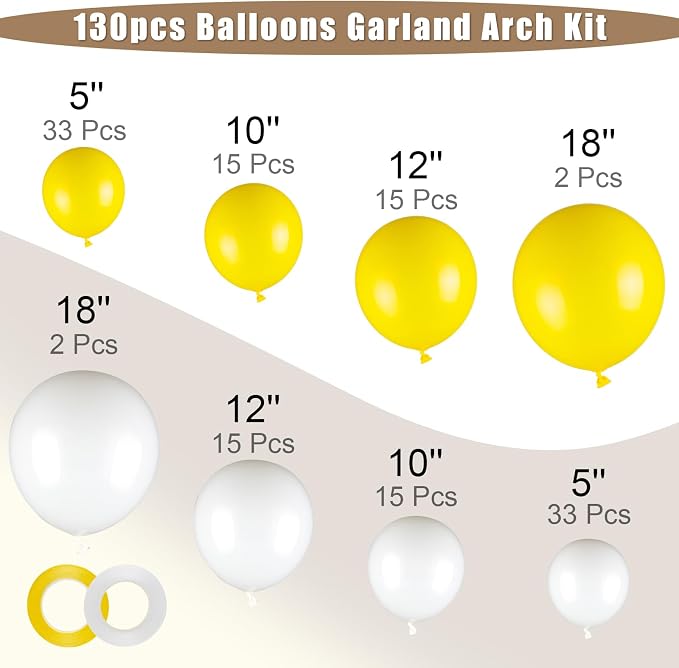 130pcs 18 12 10 5 Inch White and Yellow Balloons Garland Arch Kit | Different - Image 2