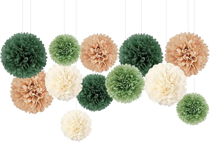 Capesaro Olive Sage Green 12PCS Paper Pom Poms Party Decorations by Capesaro