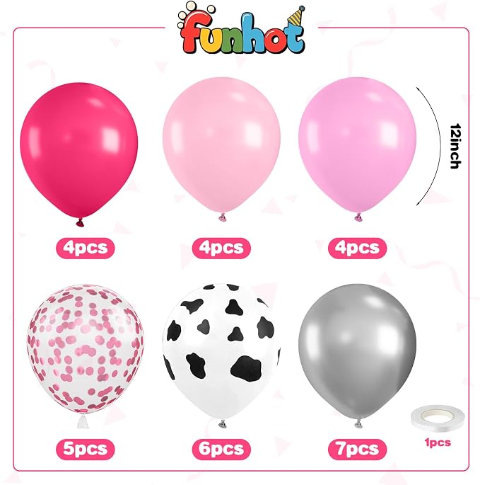 Cowgirl Balloons, 12 Inch Cow Print Hot Pink Light Pink and Silver Balloons - Image 2