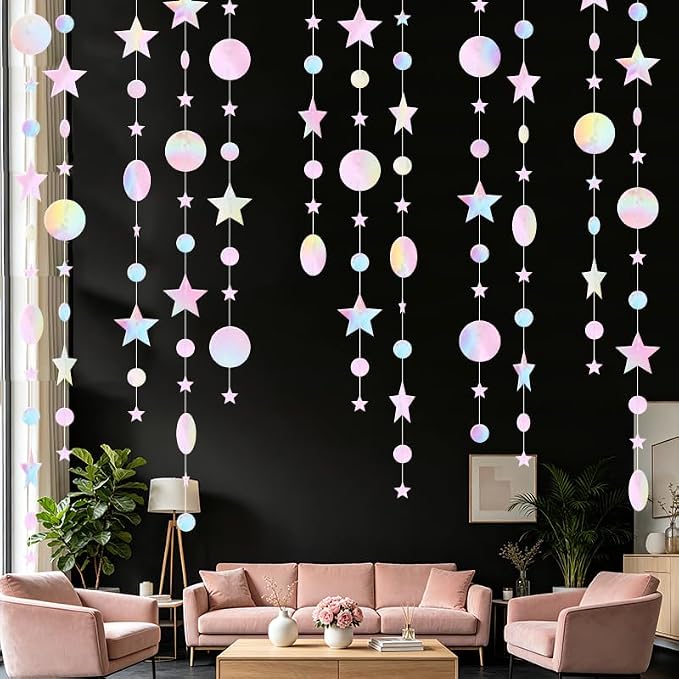 Iridescent Pink Party Decoration Iridescent Pink Star Circle Dot Hanging - Image 7