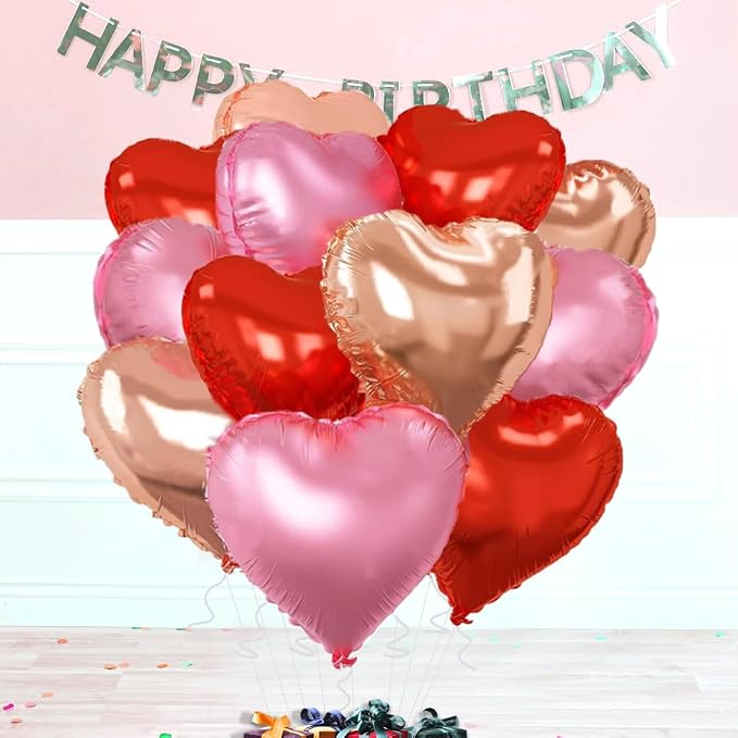 Rose Gold & Red Heart Balloons，18 Inch Light Pink Foil Love Heart Shaped - Image 3