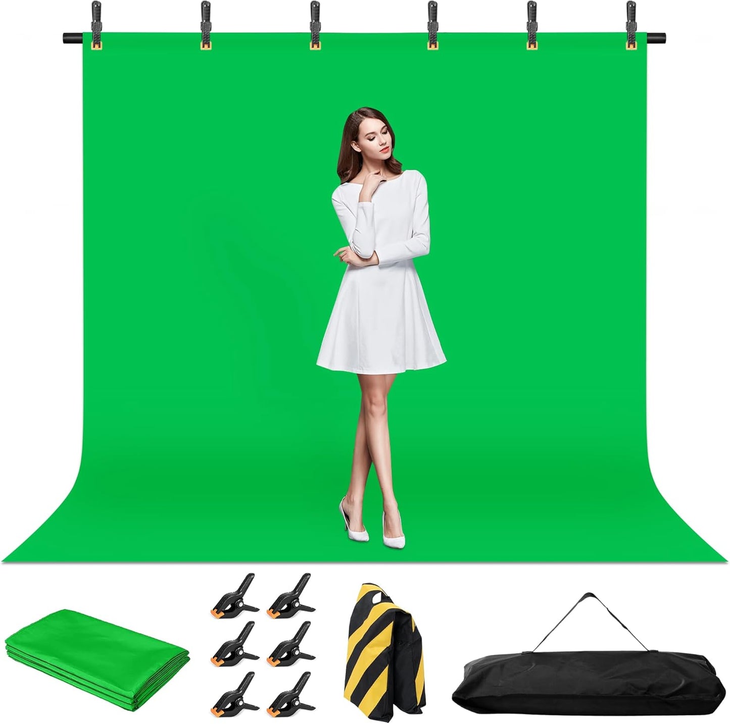 Green Screen Backdrop with Stand, 8x7.2ft Portable Greenscreen Background with Stand, T-Shape Green Screen Stand kit with 6 Spring Clamps, Sandbag, Carry Bag for Zoom, Video