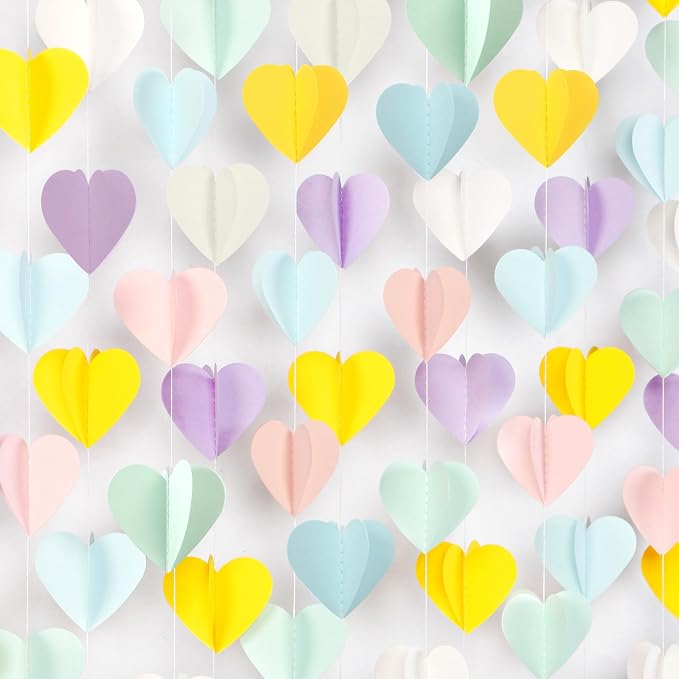 Pastel-Rainbow Party-Decorations 3D Heart Garland - 39Ft Yellow Blue Pink by OURUOLA
