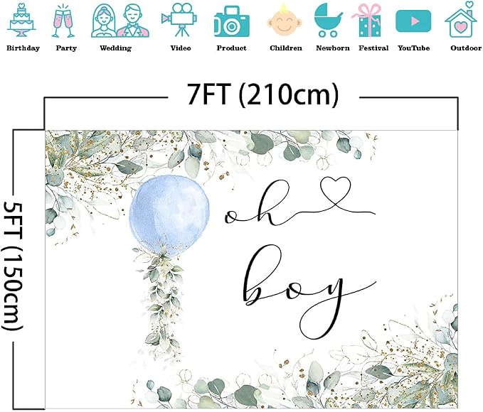 Mocsicka Greenery Oh Boy Baby Shower Backdrop 7x5ft | Blue Balloon, Botanical - Image 3