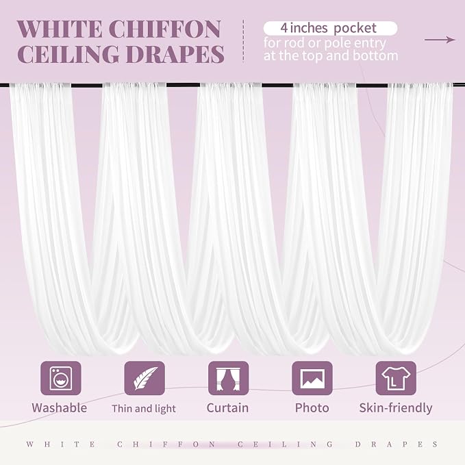 8 Panels White Ceiling Drapes for Wedding 5ftx10ft Arch Draping Fabric Sheer - Image 3
