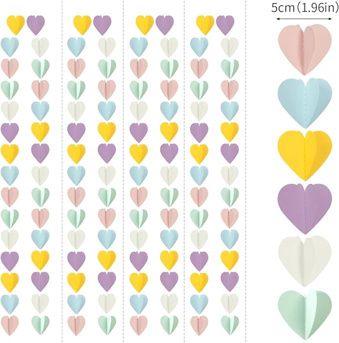 Pastel-Rainbow Party-Decorations 3D Heart Garland - 39Ft Yellow Blue Pink - Image 2