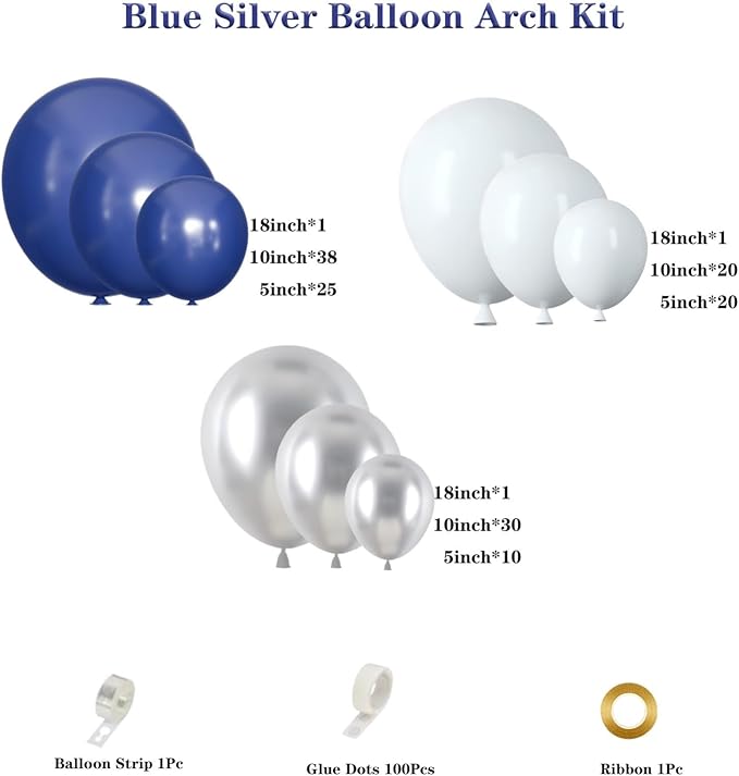 Navy Blue and Silver Balloon Garland Arch Kit, Royal Blue White Metallic Silver - Image 2