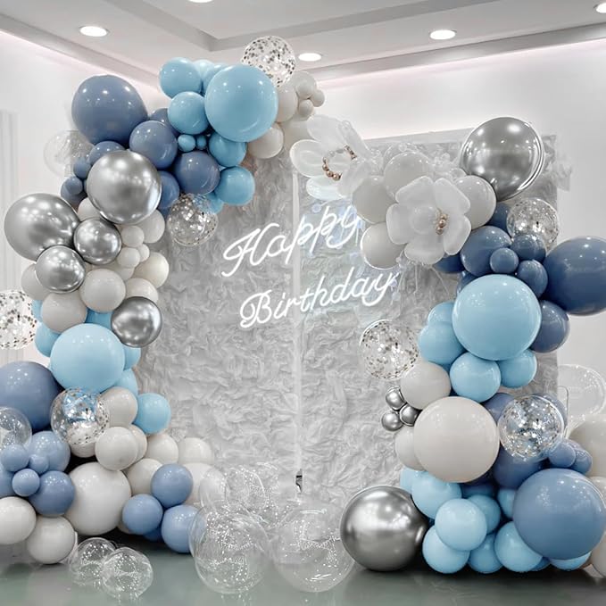 Dusty Blue White Silver Balloon Garland Arch Kit - Image 4