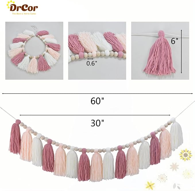 DrCor Blush Pink Tassel Garland – Boho Classroom Decor | - Image 2